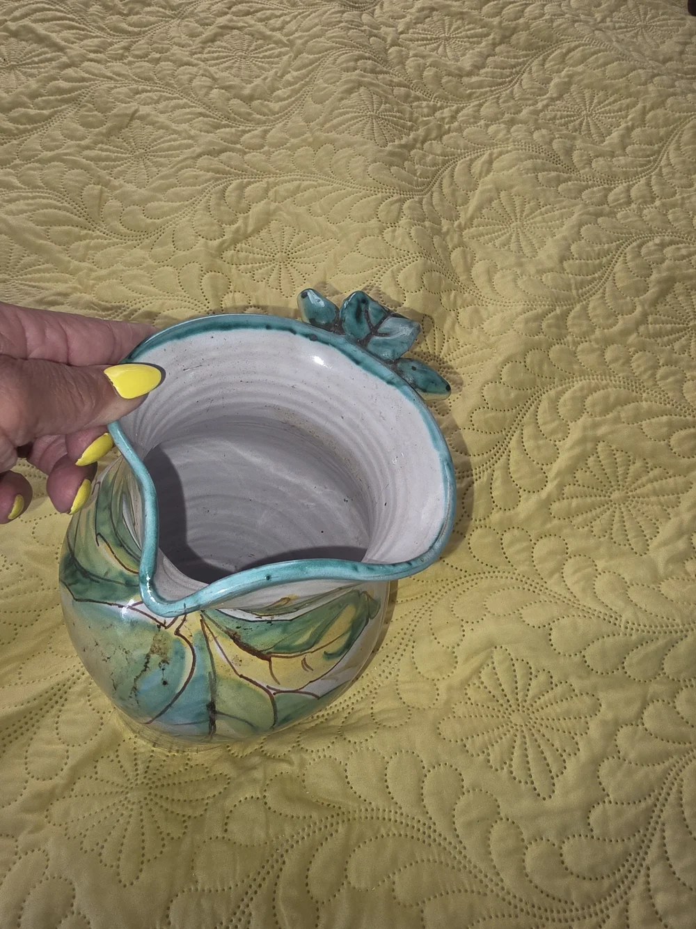 Source Unknown Hand-Painted Ceramic Pitcher with Yellow and Green Lemon Motif